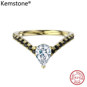 Kemstone S925เงินสเตอร์ลิงสีขาวดำเพทายแหวนมงกุฎทองแหวนเครื่องประดับเงินของผู้หญิง
