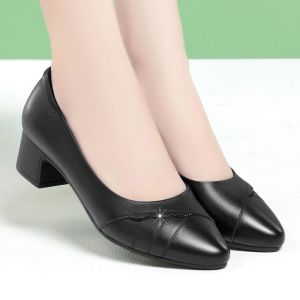 [Free Shipping] Hot-Selling Chunky-Heeled Pointed-Toe Fashionable Leather Loafers Perfect For Commuting With A Shallow Opening And A New Autumn Collection Of Comfortable Shoes For Moms