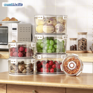 JustLiving Bộ Hộp Đựng Tủ Lạnh Hình Tròn Hộp Giữ Tươi Trái Cây Kín Hộp Bảo Quản Thực Phẩm Kín Nước Trong Suốt PET Ưa Thích Không Chứa BPA