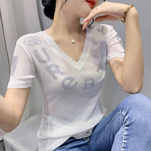 REHIN Womens top letters with diamonds V-neck short-sleeved T-shirt fashion stretch micro-permeable thin blouse