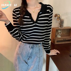 HAVE U Crop Sweater for Women New Style V-neck Long-sleeved Knitted Sweater Polo Neck Striped Sweater