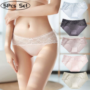 5PCS/Set M-XL Women Seamless Underwear Ice Silk Panties Cotton Crotch Ultra-thin Low-waist Lace Briefs