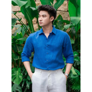 Áo sơ mi nam tay dài linen 100% cao cấp – màu xanh lá nhạt xanh coban mát nhẹ bền đẹp – DODEP