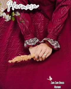Gamis hermosa wolfis embos syari motif zamzam marun-gamis merah marun-gamis merah hati manset renda