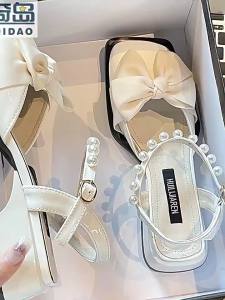 [Free Shipping] Womens Closed-Toe Sandals 2025 New Summer Bowknot Pearl Low-Mid-Heel Small Leather Wedge Shoes Womens Flats