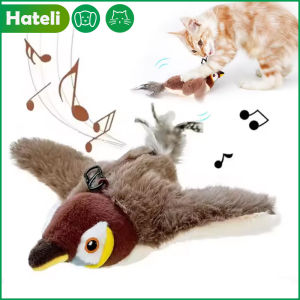 HATELI Interactive Cat Toys Pet Electric Flapping Wings Sparrow Squeak Bird Cat Toys Touch Activated Plush Kitten Sound Toy for Cats Chase Hunt Toys Simulation Bird Touch Activated Rechargeable