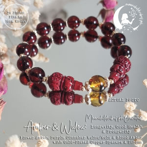 Amber & Wulou - Longevity Good Health & Prosperity Bracelet - Flower Amber Blood Amber Cinnabar Wulou