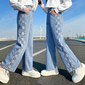 Rolanko Kids Girls Pants Baggy Jeans Pants Fashion Straight Trousers Wide Leg Pants Checkerboard Plaid Bottom Childrens Elasticated Waist Casual Wear