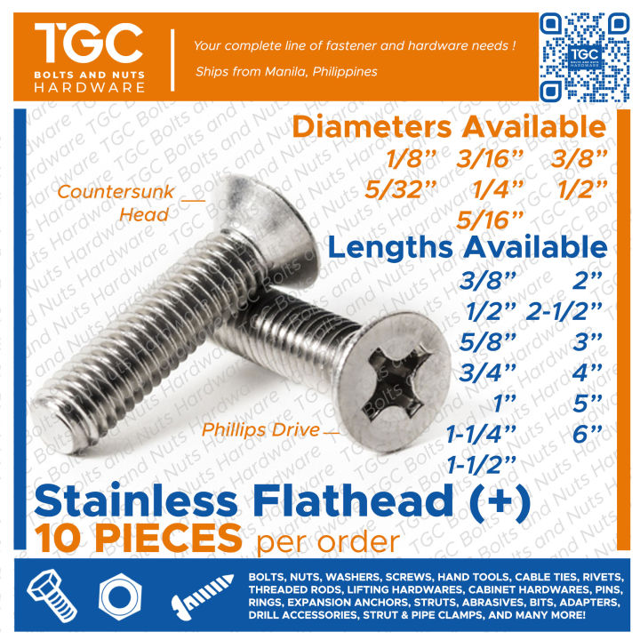 TGC 10/1PCS SS Flathead 1/8 5/32 3/16 1/4 5/16 3/8 1/2 Stainless Flat ...