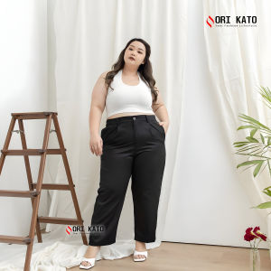 Celana wanita Baggypants standar sampai jumbo kain drill pinggang karet dan memakai ritsleting