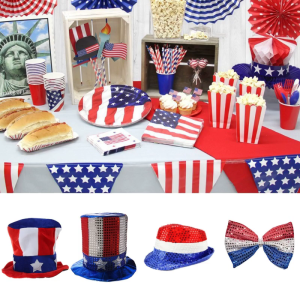 Adult Sam Red White Blue Sequin Top Hat Stars Stripes Caps Bowtie Forth of July Supplies Stovepipe Hat