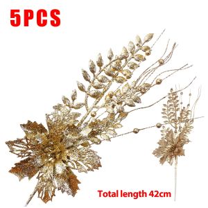 YESPERY 5Pcs Glitter Christmas Flowers Poinsettia Pagoda Tree Leaf Hollow Flower Xmas Tree Ornament Party Shiny Christmas Decoration