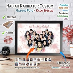 Hadiah Karikatur + Bingkai A4 - Hadiah Perpisahan Kado pernikahan Kado Ulang Tahun Graduation Hadiah Wisuda Foto Keluarga Hadiah pernikahan Wedding Kado Unik Karikatur Vektor Ilustrasi Wajah dsb - saffana desain