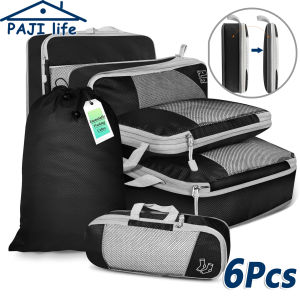 6PCS Travel Packing Cubes Set Lightweight Compression Luggage Organizer with Shoe Bag Mesh Clothes Storage Bags for Suitcase