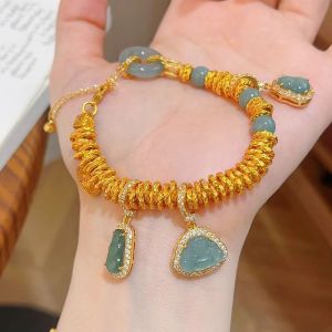 New Chinese Style Retro Gold Wrapped Jade Green Gourd Safety Buckle Bracelet for Womens Niche High-end Chinese Style Gift新中式复古金色盘缠翡绿色葫芦平安扣手链女小众高级国风送礼物