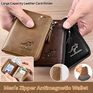 Mens Zipper Antimagnetic Wallet Large Capacity Leather Card Holder Multi-Card Pocket Wallet Vintage Fashion