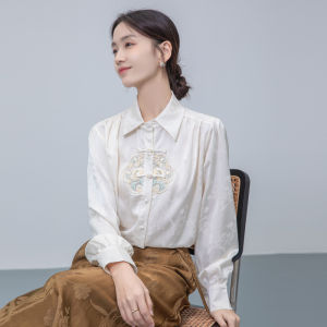 AMMIN 2025 Spring and Autumn new simple lapel fashion r disc button design Long sleeve chiffon shirt Womans new Chinese positioning exquisite embroidery floral single breasted design elegant blouse