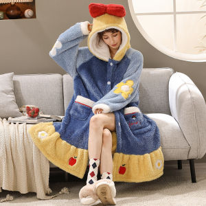Kawaii Snow White Pajamas Nightgown Cartoon Hooded Bathrobe Flannel Thickened Long Robe Sleepwear Winter Nightdress Sweet Homewear