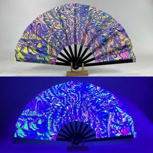 YAZHE Mushroom Glow-in-the-Dark Folding Fan 13inch Butterfly Vibrant Neon Psychedelic Fan Dress-Up Additions with Neon Fluorescent Print UV Reactive Glow Fan for Parties