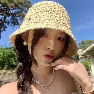 COSE Wide Brim Straw Sun Hat Summer Hollow Beach Visor Cap Ins Vacation Straw Bucket Hat Outdoor