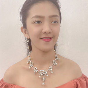 Fashion Pearl Branch Shape Jewelry Set Platinum And Rose Gold Vintage Clavicle Necklace Stud Earrings Wedding Dress Bridal Jewelry Sets For Women