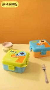 Childrens Cartoon Dinosaur Lunch Box with Spoon & Sauce Cup Double Layers Divided Lunch Box School
