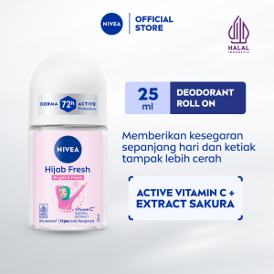 NIVEA Deodorant Roll On Brightening Hijab Fresh 25ml - Deodoran wanita hijab halal mencerahkan brightening ketiak tahan keringat bau badan wangi segar tahan lama seharian - Antiperspiran Vitamin C Ekstrak Sakura 0% alkohol
