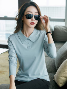White POLO collar long sleeve t-shirts for women cotton spring and summer 2022 new fashion womens clothes all-match casual black Polo t shirt outerwear overalls slim fit solid color lapel button ladies tops