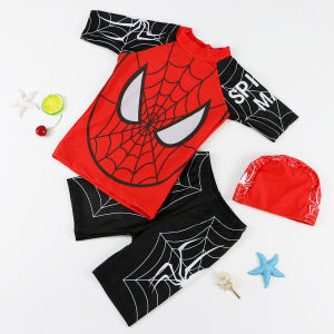 3PC Swimsuit Kids Baby Dri-fit Rashguard Swimming Rashguard for Kids Boys Spiderman Printed Design Tops+Short+Cap 110-150CM