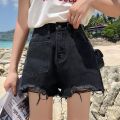 Korean high waist tattered denim shorts for women casual hole wide leg black jeans. 