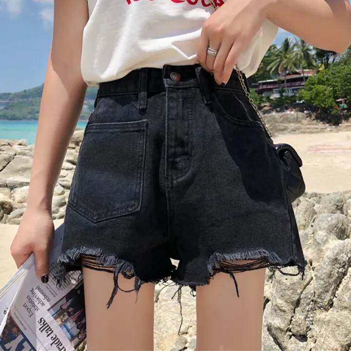 Korean%20high%20waist%20tattered%20denim%20shorts%20for%20women%20casual%20hole%20wide%20leg%20black%20jeans%20-%20Image%206