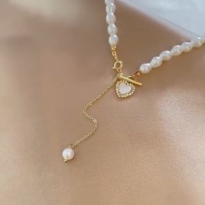 Rantai Leher 流苏爱心珍珠项链 Heart Pearl Tassel Necklace 轻奢小众高级感锁骨链串珠吊坠颈链 Elegant Clavicle Fashion Jewelry