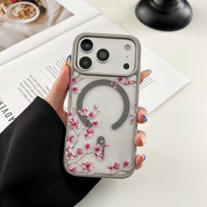 INS Pink Cherry Flower Clear Background Design Phone Case For iPhone 17 15 14 13 12 11 16 Pro Max Plus For Magsafe Charge Cover