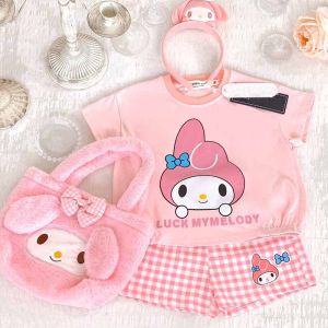 2232pcs Cute Sanrio Kuromi Melody Cinnamoroll T-shirt+Plaid Short Sweet Princess Student Costume Cosplay Party Kids Summer Short Sleeve Suit