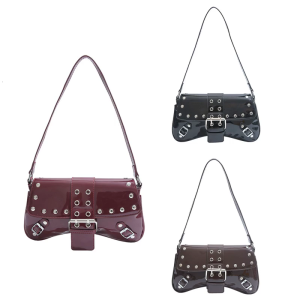 Studded Shoulder Bag Women PU Leather 90s Punk Armpit Bags Casual Handbag Streetwear Underarm Purse for Daily Use