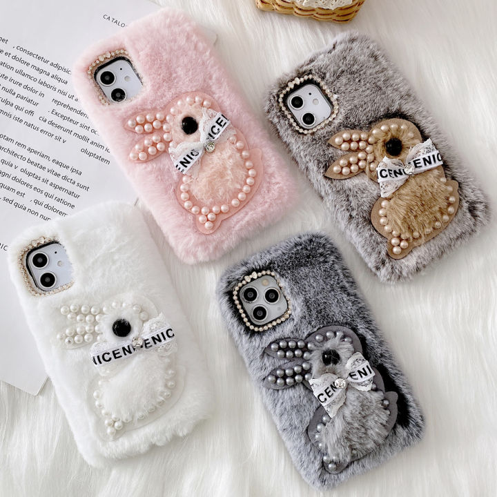 for iPhone 15 14 13 12 11 Pro Max mini XR X XS Max Plus Furry Case,  Soft Cute Rabbit Luxury Pearl Girly Back Case, Fashion Warm Faux Fur  Plush