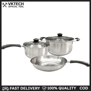 3-Piece Cookware Set Stainless Steel Cooking Pots & Saucepan with Glass Lids and Stay Cool Handle for All Types of Cookers