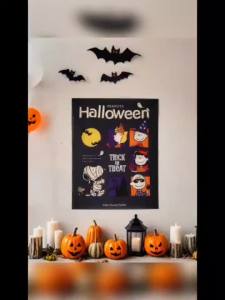 ฉากหลังการ์ตูนสโนว์วี่ย้อนยุคฮาโลวีน ตกแต่งห้องนอน ห้องพักนักศึกษา ตกแต่งห้อง ผ้าแขวนข้างเตียง ผ้าแขวนผนัง