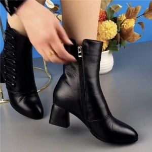 Size 35-42 High Heel Mid length Boots Womens Thick Heel New Soft Leather Boots Fashion Side Button Boots