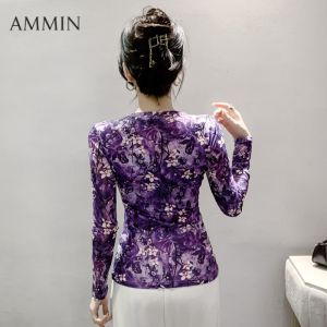 Ammin 2024 Áo thun cotton dài tay in họa tiết hoa cổ điển thời trang mùa xuân mùa hè Vòng cổ đơn giản áo in chắp vá tay phồng phồng tay cộng cỡ thoải mái cho nữ