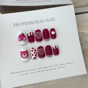 [HANDMADE]Artificial Nail Phototpy Nails Strawberry bear wearing armor finished products can be reused