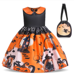 Mqatz 2 cái với túi lễ hội trang phục Halloween cho trẻ em quần áo trẻ em bé gái công chúa partydresses ma hình dạng bí ngô cosplay ws013