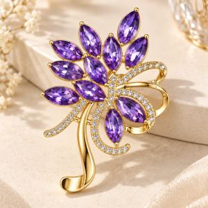 Crystal Bauhinia Flower Brooch Marquise Rhinestone Floral Bouquet Ribbon Design Elegant Blazer Hijab Clothing Pin for Women