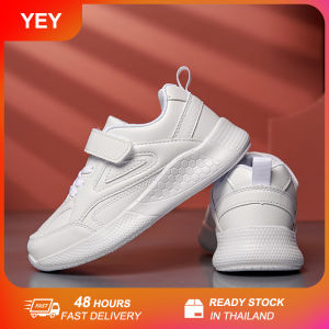 2025 แฟชั่นรองเท้าวิ่งเด็กสีขาวนักเรียนชายหนังกีฬารองเท้าผ้าใบกันน้ำยาง low-top