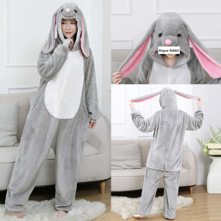 MashiMaro Rabbit Onesies Women Unisex Animal Pajamas Rogue Rabbit Costume  Winter Sleep Suit Couple One-piece Jumpsuit Flannel Soft Overall Sleepwear