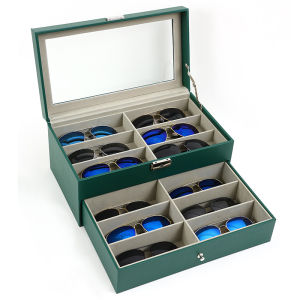 กล่องใส่แว่นตา 12 ช่อง 2ชั้น กล่องแว่นตา กล่องเก็บแว่นตา ที่ใส่แว่นตา PUหนังสีเขียว ชั้นวางแว่นตา 12 ช่อง กล่องของขวัญ