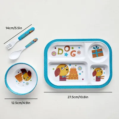 4Pcs/Set Bamboo Kids Dinnerware Set for Kid Feeding Plate set with Spoon Fork Bowl