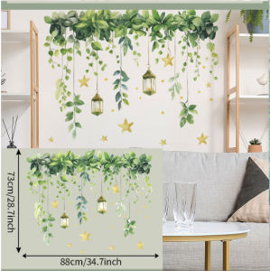 Elegant Green Leaf & Lantern Wall Decal for Living Room Decor Elegant Greenery Hanging Leaf Chandelier Wall Decal - Boho Home Decor Vinyl Sticker Self-Adhesive Removable Matte Finish for Living Room Bedroom Dining Room 11.42x35.43inch 2
