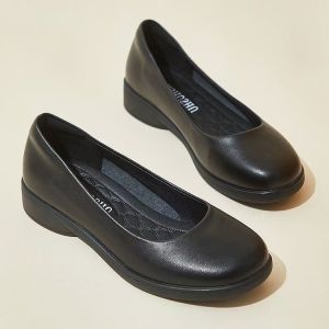 Free Shipping Round-Toe Low-Heel Work Shoes For Women Black Thick-Soled Professional Shallow Leather Shoes Flat Comfortable Office Shoes For Mothers WomenS Style