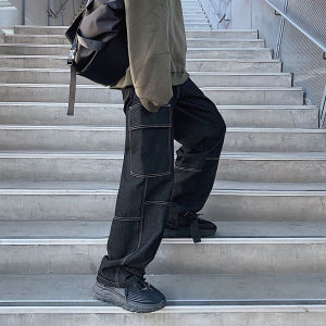 2025Autumn Cargo Jeans Men Wide Leg Denim Pants Loose Jeans Straight Baggy Mens Jeans Hip Hop Streetwear Neutral Denim Trousers2026